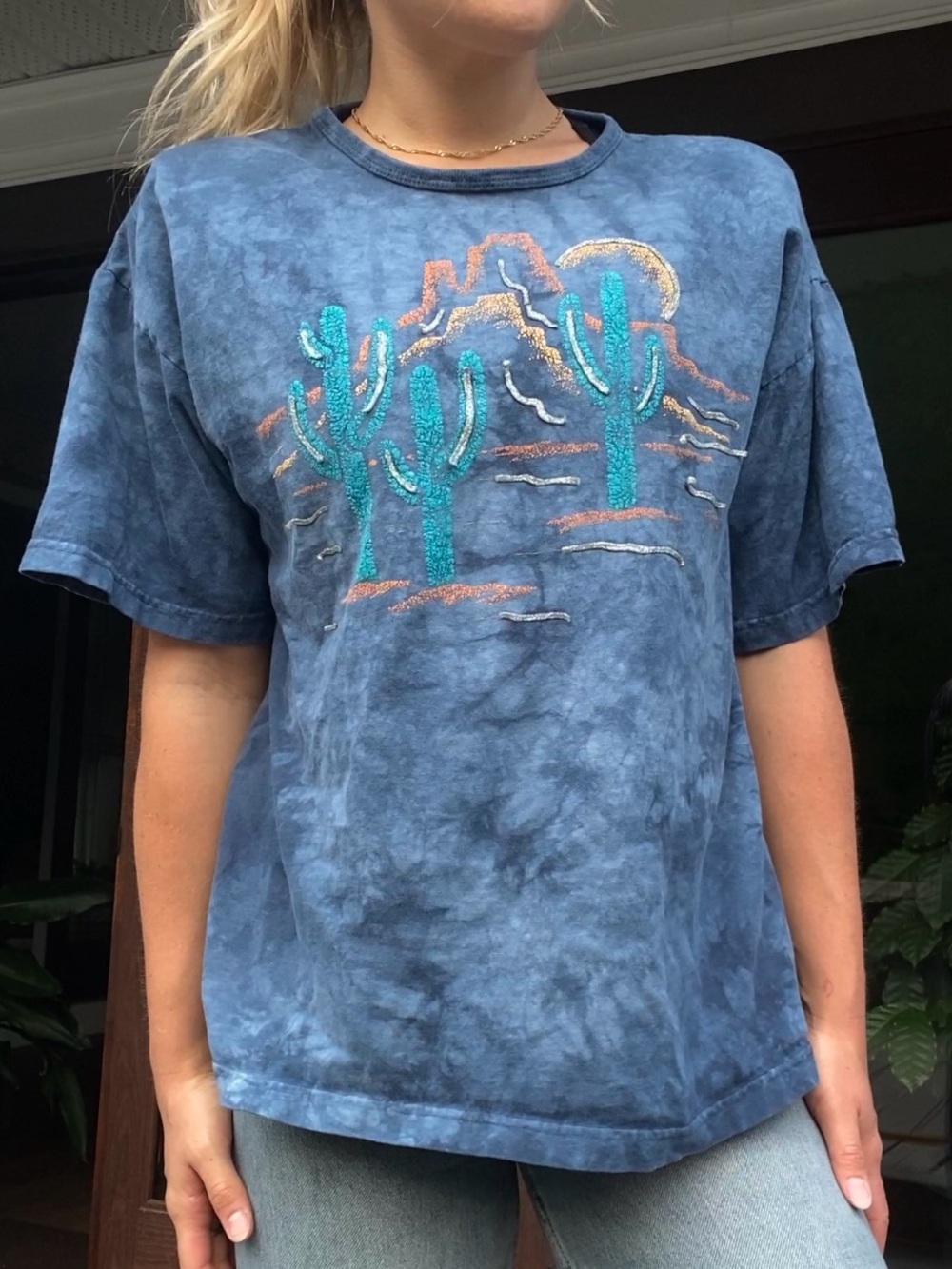 Vintage Blue Tie-Dye Desert Cactus Graphic Tee